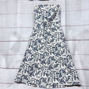 J. Crew Vintage Blue White Floral Damask Strapless Fit Flare Dress Size 2